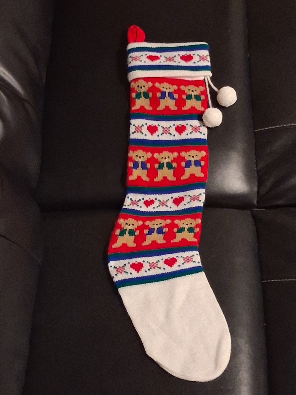 Vintage 1985 Kurt Adler Knit Christmas Stocking Teddy Bears 22”
